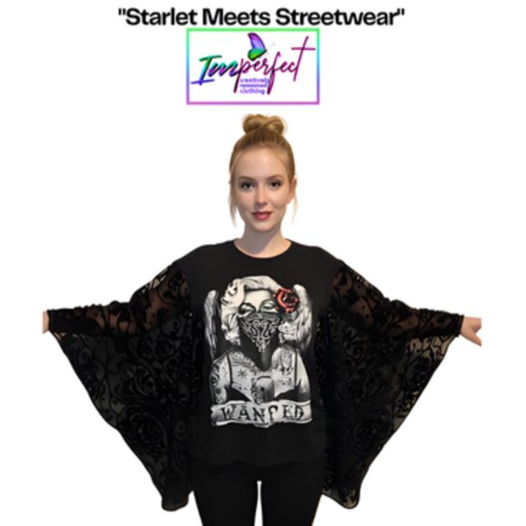 Upcycled Marilyn Monroe shirt w/ velvet mesh sleeves - Picture 1 of 2